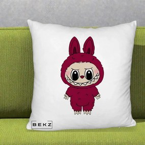 Perna Personalizata Labubu Rosu-Visiniu Solo, 40x40 cm, Alb Pufos, Husa Detasabila, Perna Inclusa, BEKZ®