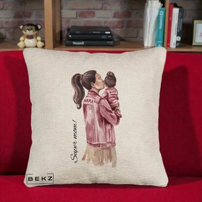 Cadou pentru Mama - Perna Personalizata Super Mom Jachete Roz, 40x40 cm, Bej Canapea, Husa Detasabila, Perna Inclusa, BEKZ®