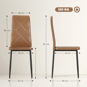 HOMCOM Set de 6 Scaune de Dining Moderne cu Spătar Înalt, din Piele Ecologică și Oțel, 41x50x97 cm, Maro | Aosom Romania