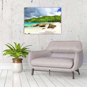 Tablou pe sticlă - Seychelles, plaja Takamaka (70x50 cm)
