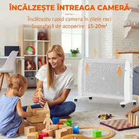 HOMCOM Radiator Electric Mică 1000W/2000W cu Termostat Reglabil, 15-20 m², 4 Roți, 79x27x54 cm, Alb | Aosom Romania