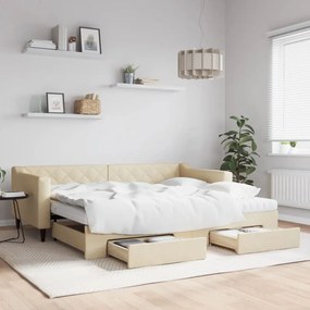 vidaXL Pat de zi cu extensie și sertare, crem, 90x200 cm, textil