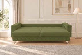 Canapea extensibilă Amara catifea, kaki, picioare argintii, cu ladă de depozitare
