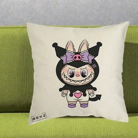 Perna Personalizata Labubu x Kuromi, 40x40 cm, Ecru, Husa Detasabila, Perna Inclusa, BEKZ®