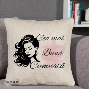 Cadou pentru Cumnata - Perna Personalizata Cea mai Buna Cumnata cu Silueta Dama si Pete Roz, 40x40 cm, Bej Canapea, Husa Detasabila, Perna Inclusa, BEKZ®