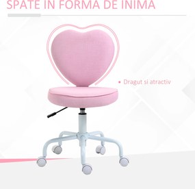 HOMCOM Scaun de Birou în Formă de Inimă, Bază cu 5 Roți, Înălțime Reglabilă, 40x50x79-89 cm, Roz | Aosom Romania