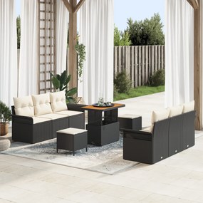 vidaXL Set de canapea de grădină cu 9 piese și perne, din rattan poly negru și acacia.