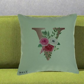 Cadou Personalizat - Perna Personalizata Monograma Rose Gold Litera V, 40x40 cm, Verde, Husa Detasabila, Perna Inclusa, BEKZ®