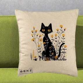 Perna Decorativa Pisica Neagra Ochi Galbeni Flori Galbene, 40x40 cm, Bej, Husa Detasabila, Perna Inclusa, BEKZ®