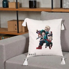Perna Personalizata My Hero Academia Izuku Deku si Echipa, 40x40 cm, Bej cu Franjuri, Husa Detasabila, Perna Inclusa, BEKZ®