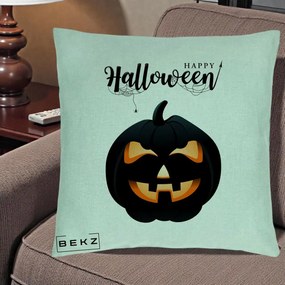 Perna Decorativa Happy Halloween Dovleac Negru cu Paianjen, 40x40 cm, Verde Menta, Husa Detasabila, Perna Inclusa, BEKZ®