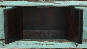 Consolă hol vintage din lemn de ulm, turcoaz, cu 2 sertare, 2 uși și zăvor din lemn, 88 x 170 x 49 cm, „Azure”