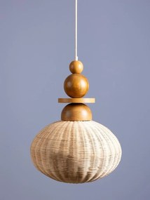 Lustră din ratan împletit natur cu structură din lemn de acacia și elemente sferice decorative, 52 × 40 cm, „Rotinelle"