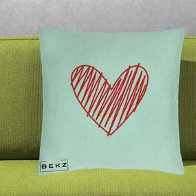 Perna Decorativa Inima Rosie Desen Manual, 40x40 cm, Verde Menta, Husa Detasabila, Perna Inclusa, BEKZ®