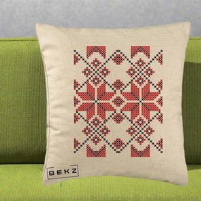 Perna Personalizata Motiv Traditional Cusatura Rosu-Negru, 40x40 cm, Bej, Husa Detasabila, Perna Inclusa, BEKZ®