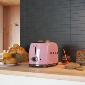 Prajitor de paine SMEG 50's Style TSF01PKEU, 950 W, 2 felii, 6 trepte, Tava pentru firimituri, Cablu integrat, Otel inoxidabil, Roz