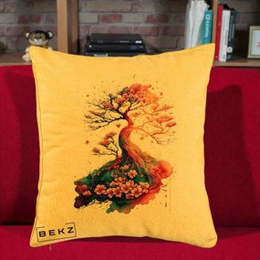 Perna Decorativa Copac Sakura Acuarela Fantasy, 40x40 cm, Galben, Husa Detasabila, Perna Inclusa, BEKZ®