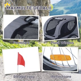 PawHut Remorcă Bicicletă pentru Câini Talie Medie cu Ferestre Laterale și Steag, 130x73x90 cm, Gri și Negru | Aosom Romania