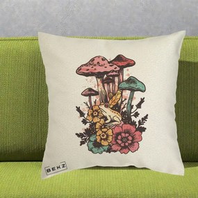 Perna Decorativa Ciuperci si Broaste Boho, 40x40 cm, Ecru, Husa Detasabila, Perna Inclusa, BEKZ®