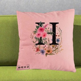 Cadou Personalizat - Perna Personalizata Monogram Litera H cu Flori Acuarela, 40x40 cm, Roz, Husa Detasabila, Perna Inclusa, BEKZ®