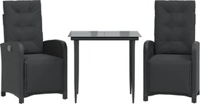 vidaXL Set bistro cu perne, 3 piese, negru, poliratan