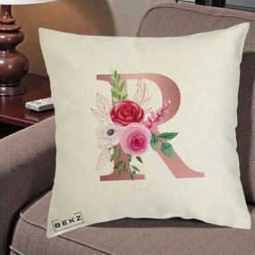 Cadou Personalizat - Perna Personalizata Monograma Rose Gold Litera R, 40x40 cm, Ecru, Husa Detasabila, Perna Inclusa, BEKZ®