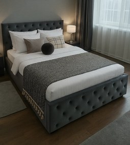 Pat tapitat Berlin cu somiera rabatabila si spatiu de depozitare, catifea gri , 120x200 cm 120 x 200, Gri