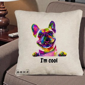 Perna Personalizata Bulldog Francez I'm Cool, 40x40 cm, Bej Canapea, Husa Detasabila, Perna Inclusa, BEKZ®