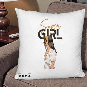 Perna Decorativa Super Girl Aesthetic, 40x40 cm, Alb Pufos, Husa Detasabila, Perna Inclusa, BEKZ®