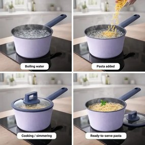 Set de cratite, cos de prajit si tigaie Just Perfecto JL-330, 6 piese, Acoperire din marmura, Inductie, Capac din sticla cu orificiu pentru abur, Violet/albastru