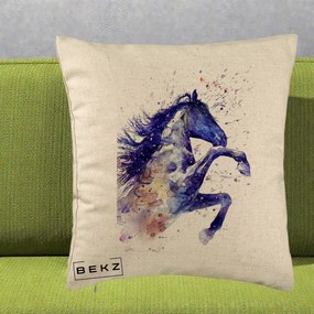 Perna Decorativa Cal Albastru Acuarela, 40x40 cm, Bej, Husa Detasabila, Perna Inclusa, BEKZ®