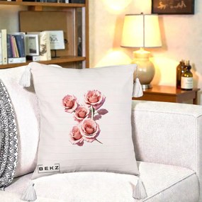 Perna Decorativa Trandafiri Roz Pastel Acuarela, 40x40 cm, Bej cu Franjuri, Husa Detasabila, Perna Inclusa, BEKZ®