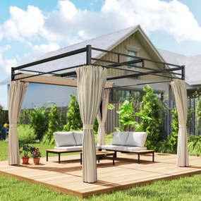 Outsunny Pergolă de Grădină 3x3 m cu Acoperiș Retractabil și Perdele Protecție UV30+ Structură Metalică pentru Patio Terasă Bej | Aosom Romania