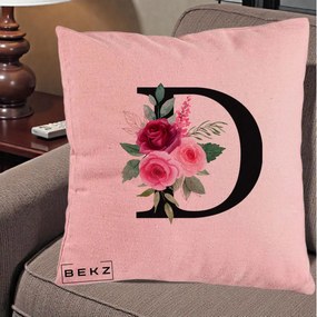 Cadou Personalizat - Perna Personalizata Monograma Florala Litera D, 40x40 cm, Roz, Husa Detasabila, Perna Inclusa, BEKZ®