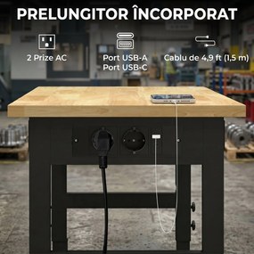 HOMCOM Masă de Lucru Reglabilă 122 cm, Blat Robust din Lemn de Cauciuc, 2 Prize AC și 2 Porturi USB, Panou Perforat, Capacitate 900 kg, pentru Garaj, Atelier și Casă | Aosom Romania