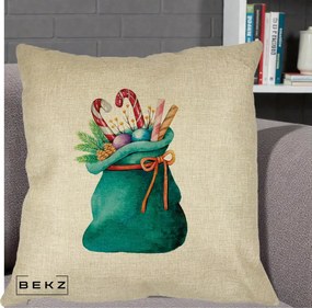 Perna Decorativa Saculet Cadouri Mos Craciun Acuarela Verde, 40x40 cm, Crem, Husa Detasabila, Perna Inclusa, BEKZ®