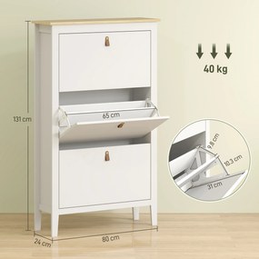 HOMCOM Pantofar Slim cu 3 sertare, pentru 21 perechi de încălțăminte, mărimea EU44 și rafturi reglabile, 80x24x131 cm, alb | Aosom Romania