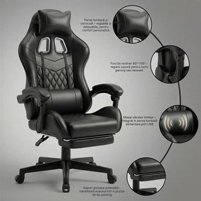 RESIGILAT- Scaun gaming, sistem iluminare bandă LED RGB, masaj în perna lombară, suport picioare, Negru