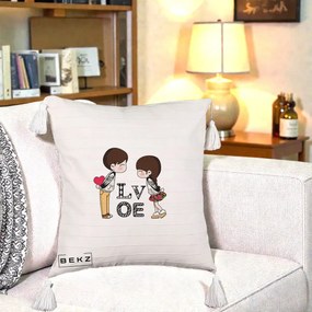 Cadou Romantic - Perna Personalizata Cuplu Kawaii LOVE, 40x40 cm, Bej cu Franjuri, Husa Detasabila, Perna Inclusa, BEKZ®