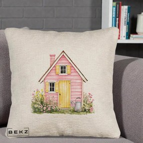 Perna Decorativa Casuta Roz Acuarela cu Gradina, 40x40 cm, Bej Canapea, Husa Detasabila, Perna Inclusa, BEKZ®