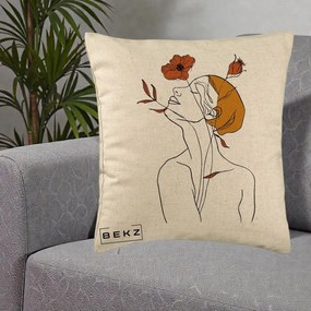 Perna Decorativa Portret Feminin Mac Privire Inalta, 40x40 cm, Bej, Husa Detasabila, Perna Inclusa, BEKZ®