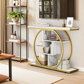 MAU43 - Masa Consola, 105 cm, masuta hol cu rafturi, living, dormitor - Auriu / Alb Imitatie de Marmura