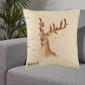 Perna Decorativa Ren cu Luminite de Craciun, 40x40 cm, Bej, Husa Detasabila, Perna Inclusa, BEKZ®