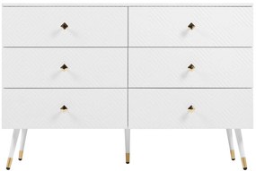 Comodă cu 6 sertare, cu model geometric și mânere în formă de diamant, pentru dormitor și living, 120x40x80 cm, Alb