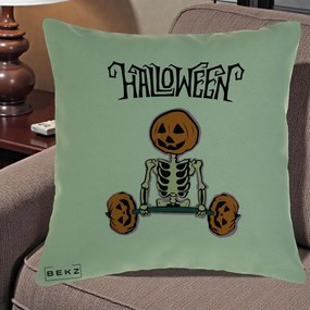 Perna Decorativa Halloween Schelet cu Cap de Dovleac Powerlifting, 40x40 cm, Verde, Husa Detasabila, Perna Inclusa, BEKZ®