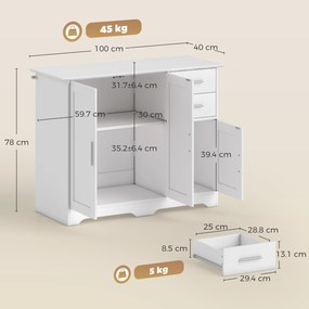 HOMCOM Bufet Modern din Lemn cu 2 Sertare și 2 Dulapuri, 100x40x78 cm, Alb | Aosom Romania