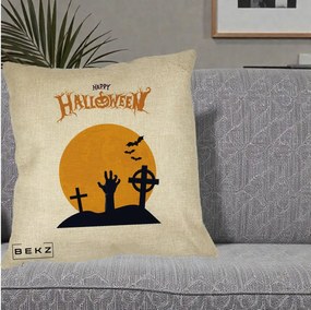 Perna Decorativa Happy Halloween Cimitir cu Luna, 40x40 cm, Crem, Husa Detasabila, Perna Inclusa, BEKZ®