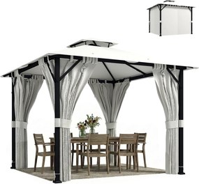 Outsunny Tonnelă de grădină exterior 3x3m pavilion de grădină, acoperiș dublu, draperii, cârlige pentru tavan, cadru metalic, crem | Aosom Romania