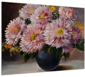 Tablou pe sticlă - Pictură în ulei, flori în vază (70x50 cm)