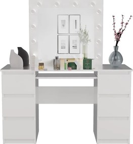 Masuta machiaj cu Oglinda LED si 6 Sertare pentru Cosmetice, Set Masa toaleta 130 cm, Alb, masuta cosmetica, vanity - SEA542